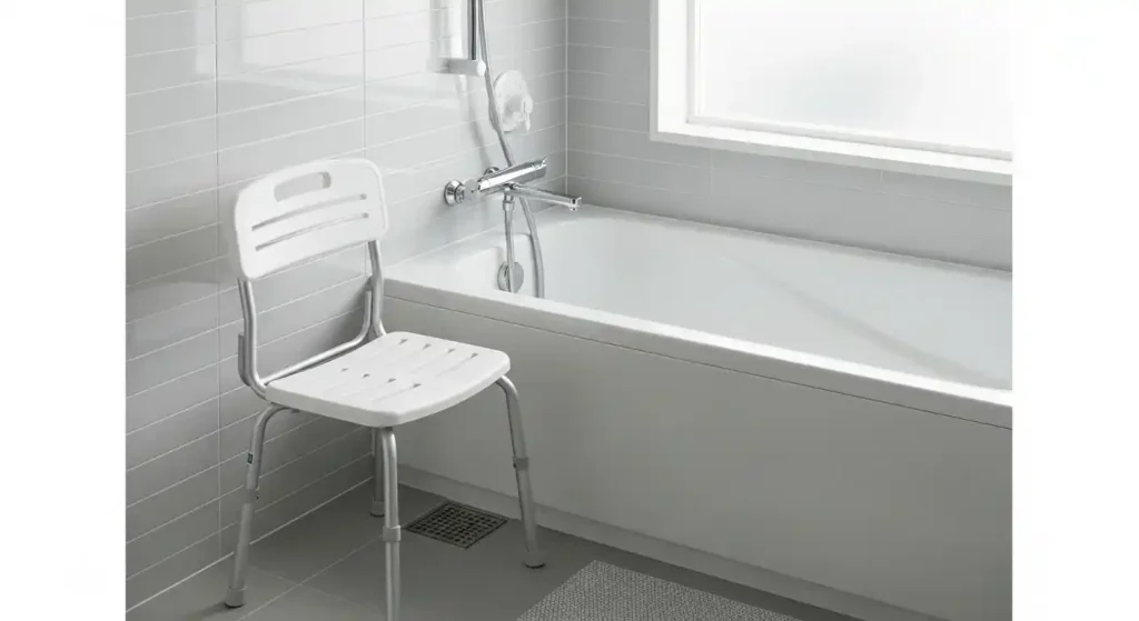 Folding shower chair folded next to bathtub