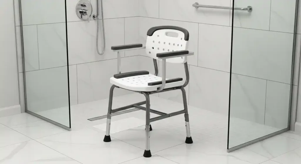 Handicap shower chair with backrest in walk-in shower