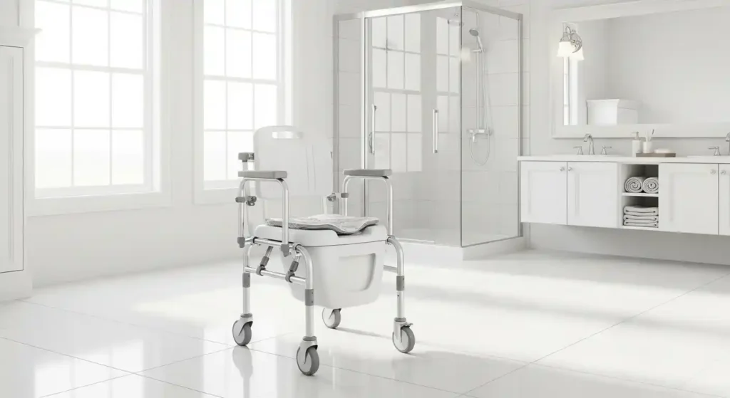 Rolling shower chair with wheels in bathroom
