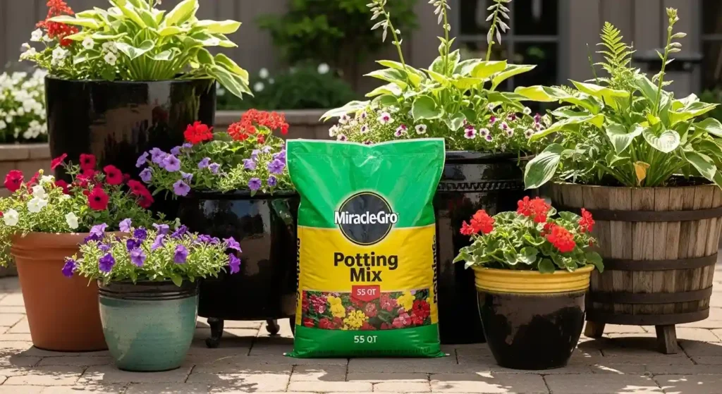 miracle gro potting soil 55 qt​ bag with patio planters