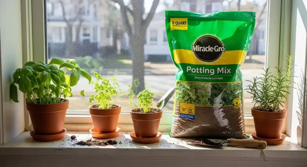 miracle gro potting soil 8qt​ bag with herb plants on a windowsill