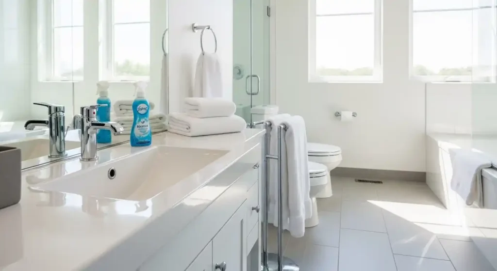 Febreze bathroom odor spray placed beside white towels in a modern sink setup