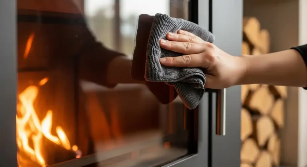 Hand wiping log burner glass with microfiber cloth