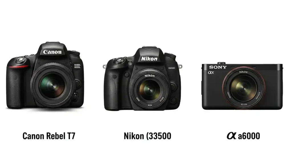 Comparison chart of Canon Rebel T7, Nikon D3500, Sony a6000 – top budget digital cameras under $500 in 2025