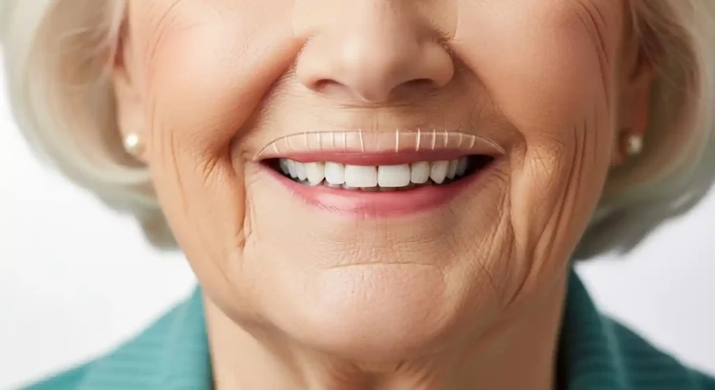 Elderly person with corrected dentures and improved upper lip support showing natural face contour