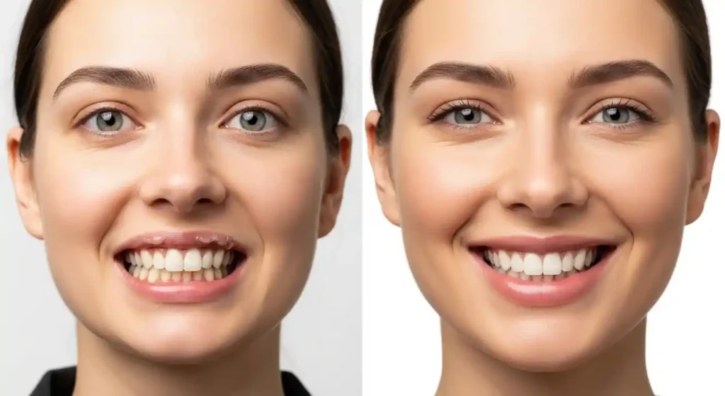 Before and after image of upper lip sticking out due to dentures, corrected for natural smile appearance