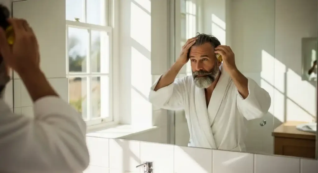 Man in front of mirror using hair oil