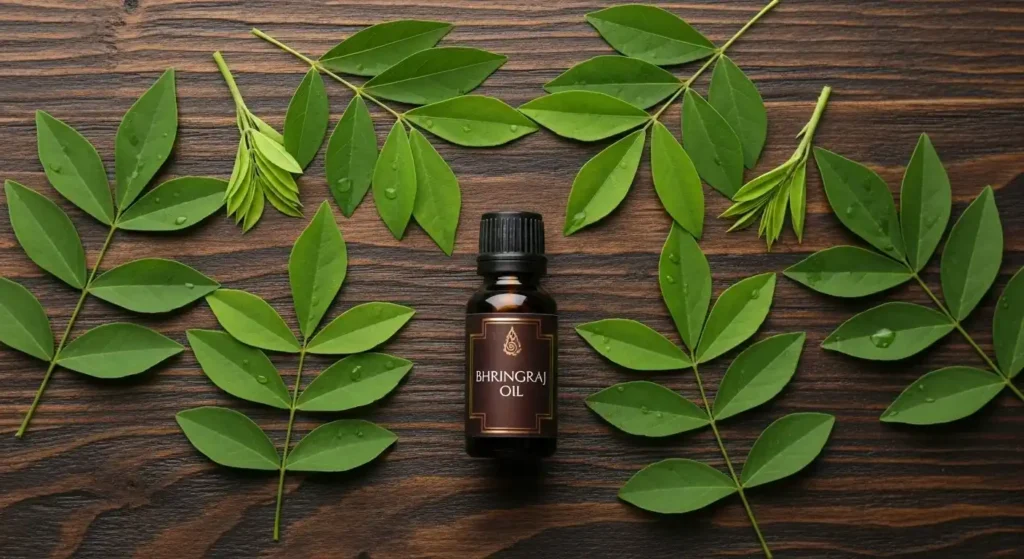 Herbal bhringraj oil bottle with fresh bhringraj leaves on a rustic background