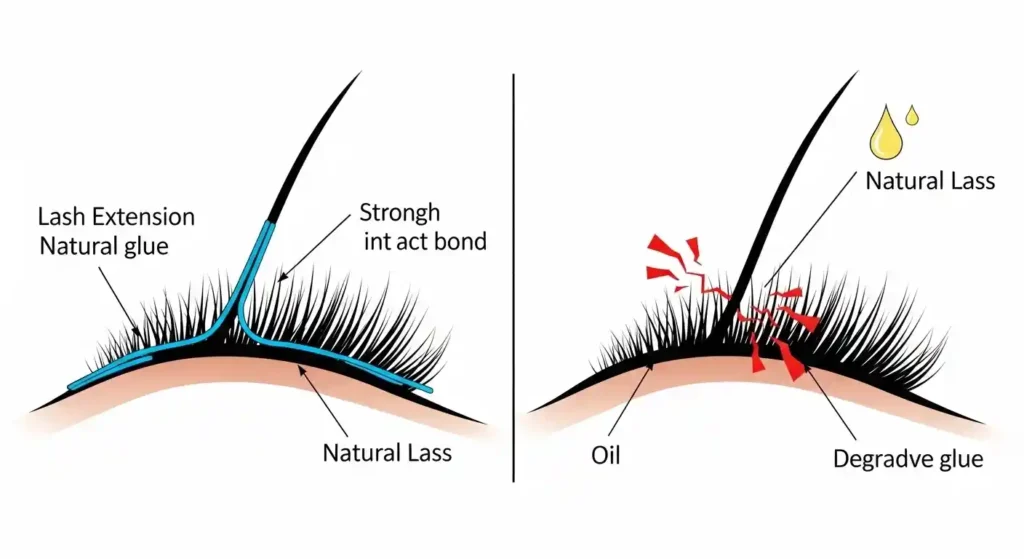 Diagram showing oil dissolving lash glue