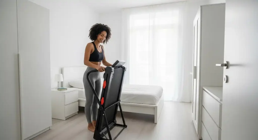 Woman folding a compact treadmill to save space in apartment bedroom