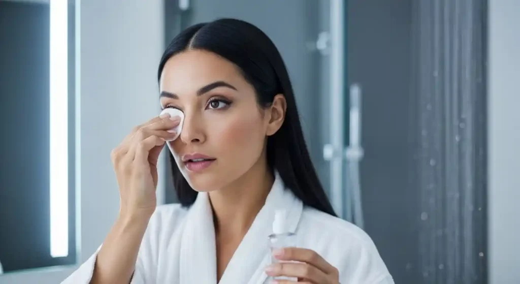 Woman gently removing eye makeup with micellar water using cotton pad
