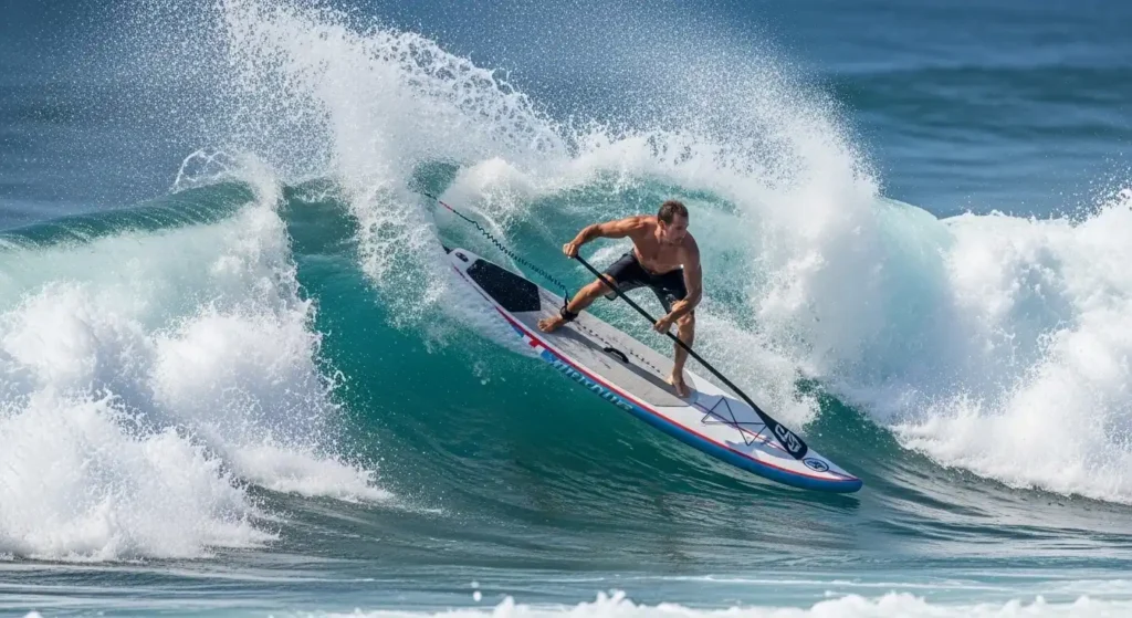Hard paddle board gliding smoothly on ocean water for high-speed paddling