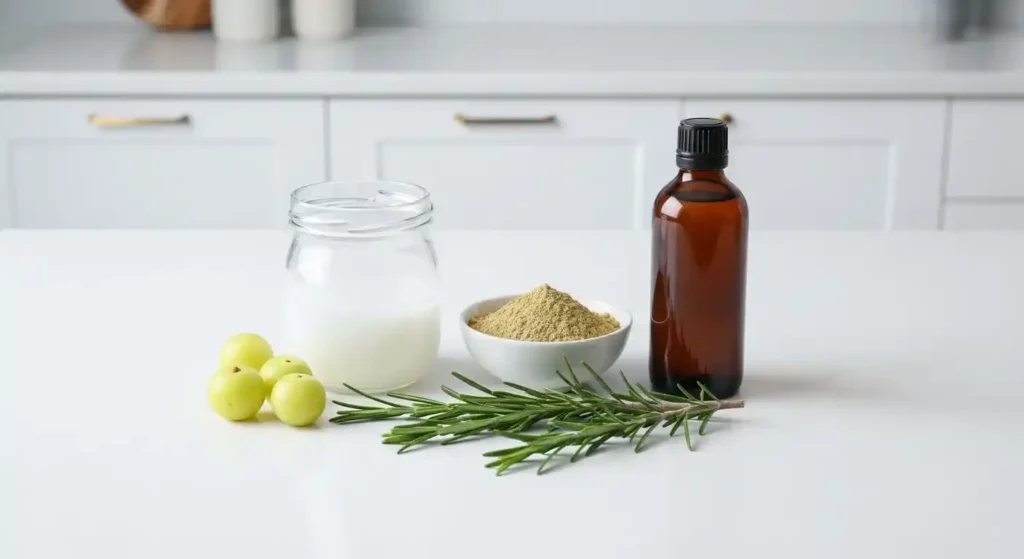 DIY hair oil ingredients – coconut oil, amla powder, rosemary, and castor oil on a table