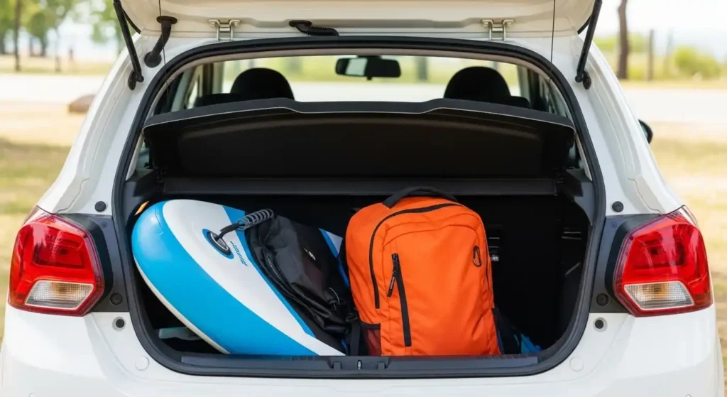 Inflatable paddle board packed into a travel-friendly bag for easy storage