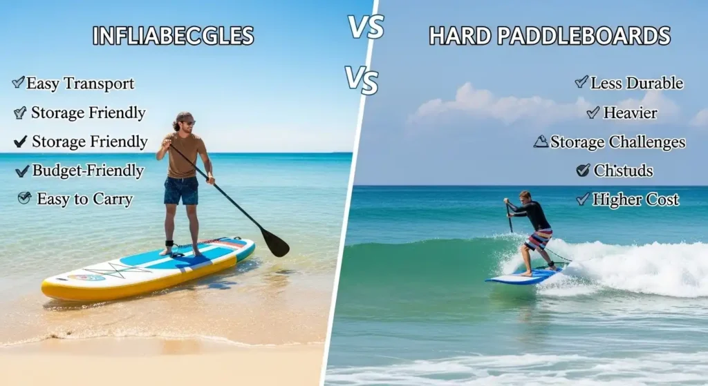 Visual comparison of inflatable and hard paddle boards highlighting portability, performance and cost.