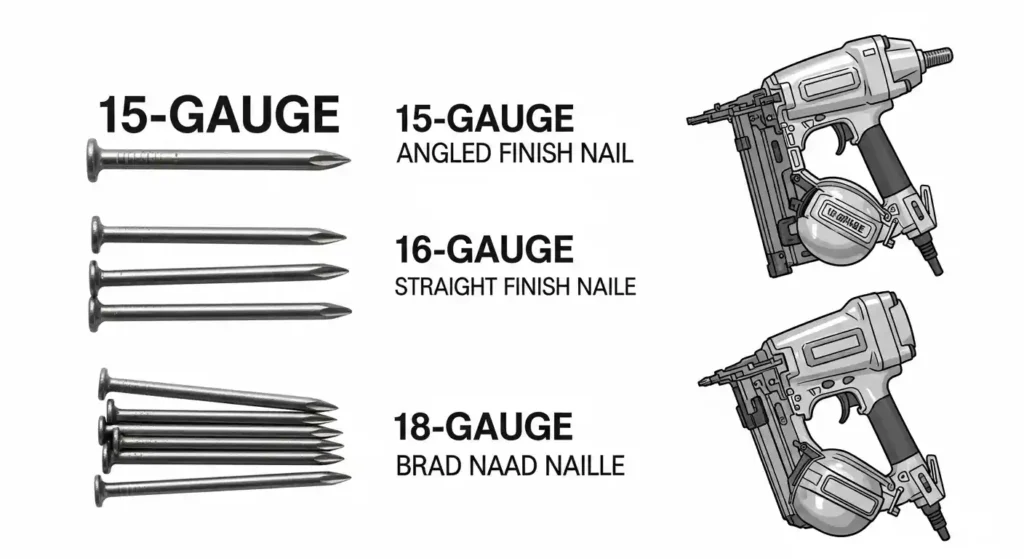 Nail gauge comparison for flooring: 15 gauge vs 16 gauge vs 18 gauge and straight vs angled guns