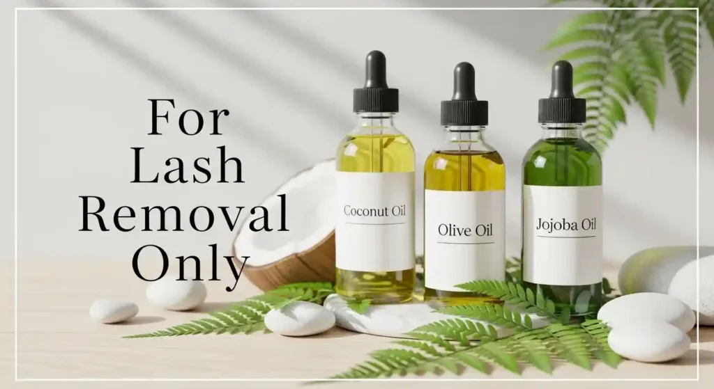 Coconut, jojoba, and olive oil bottles used for removing eyelash extensions