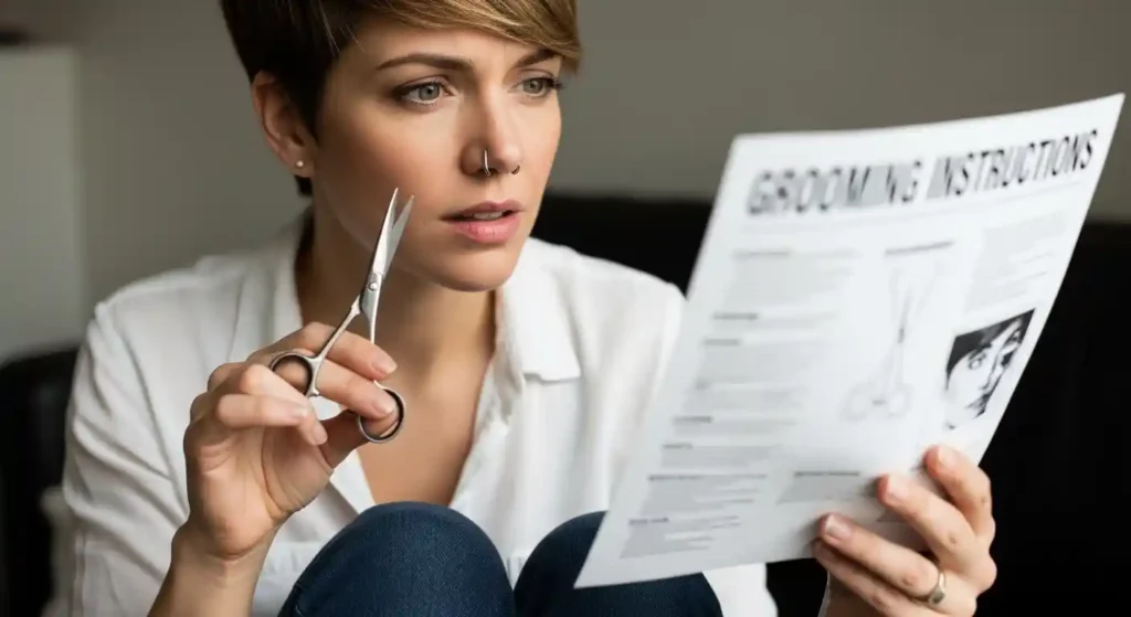 Woman holding scissors and reading instructions