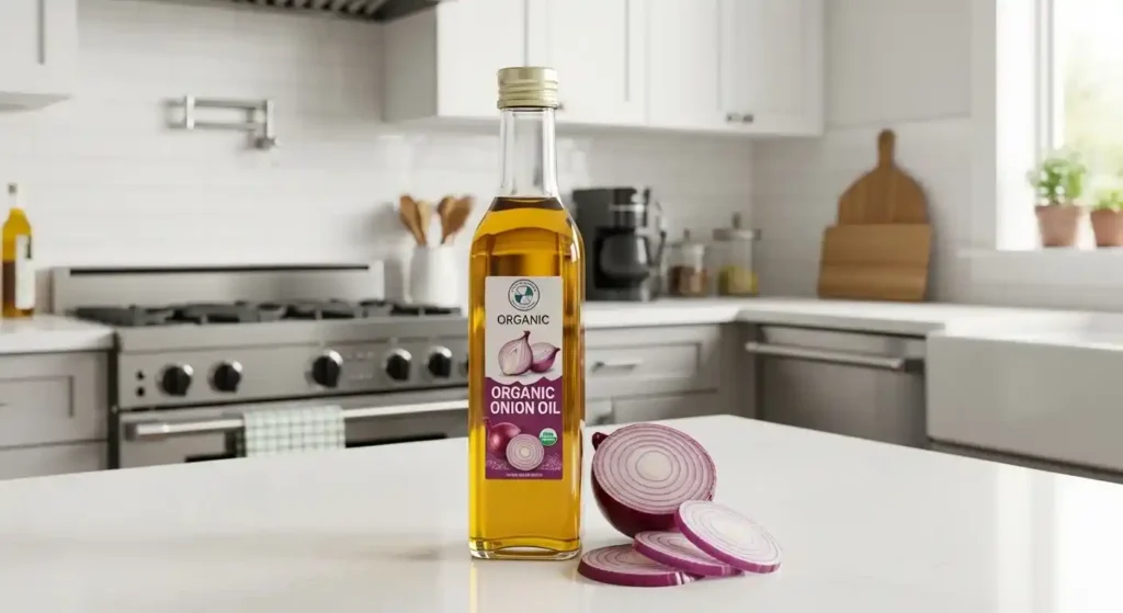 Onion oil bottle with sliced red onions on a table