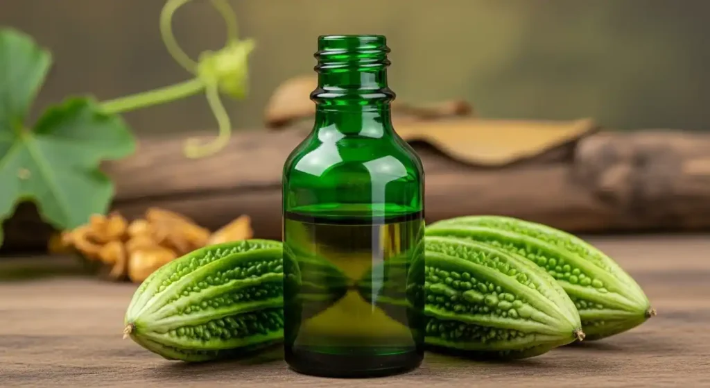 Ridge gourd oil bottle with fresh ridge gourds and green leaves