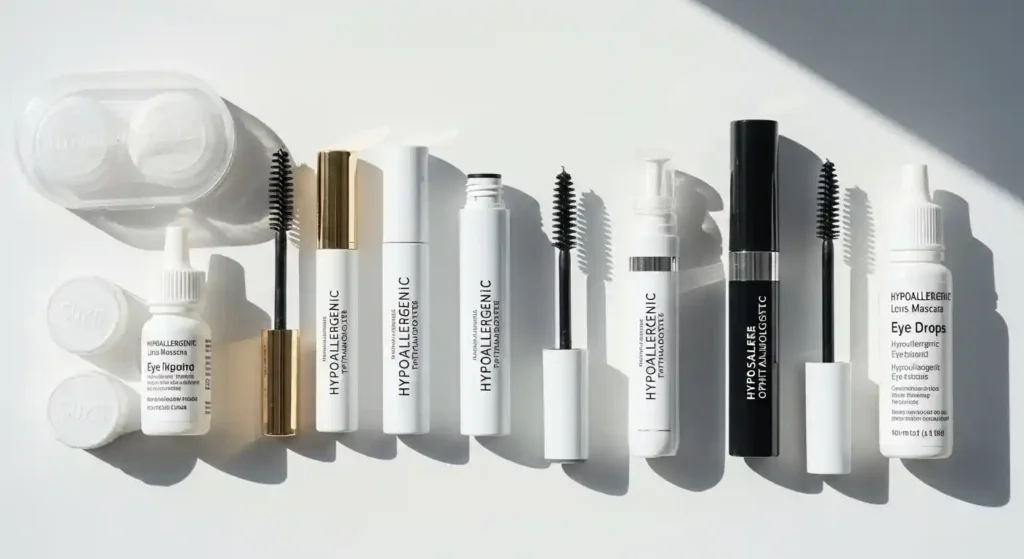 Flat lay of mascara safe for contact lens wearers