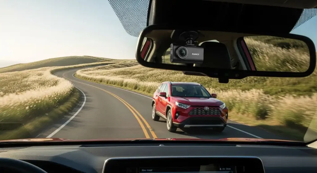 Toyota RAV4 with mounted cam driving on mountain