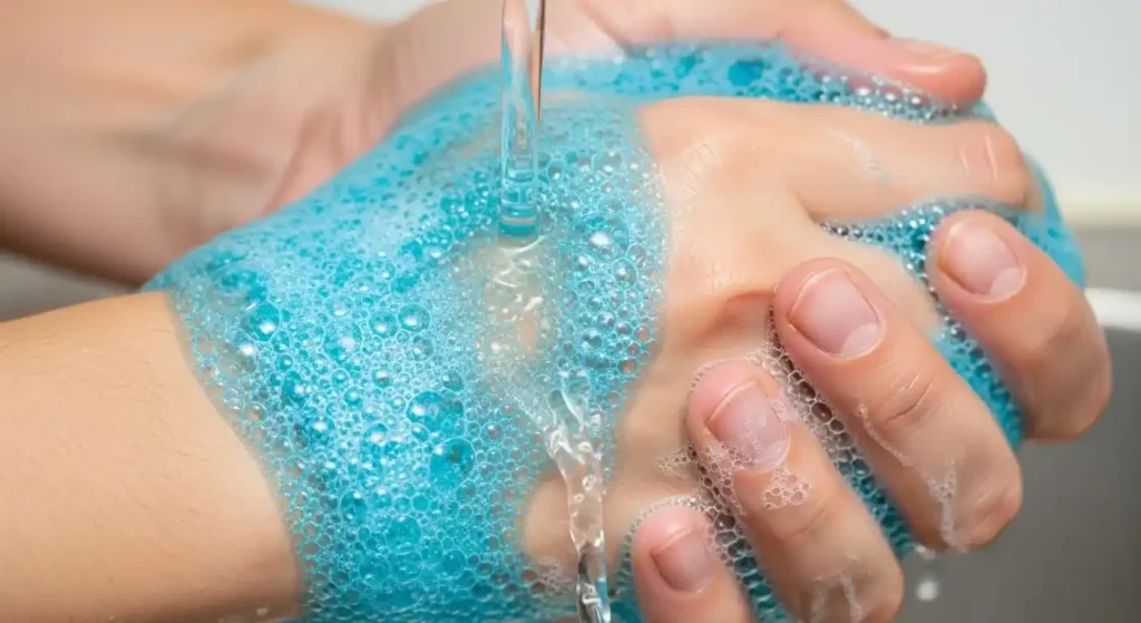 Washing hands with foamy soap under running water