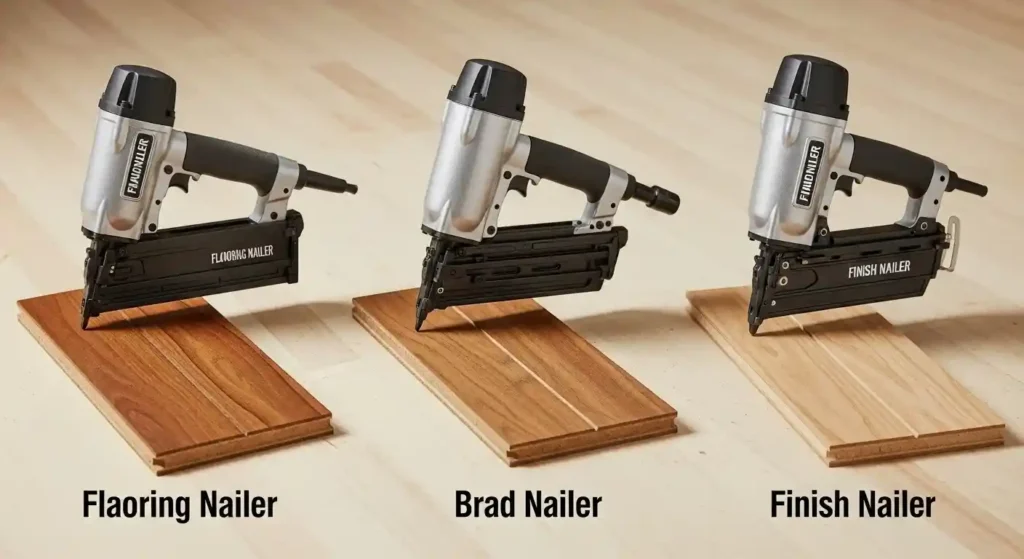Different types of nail guns for wood flooring laid out on wooden planks