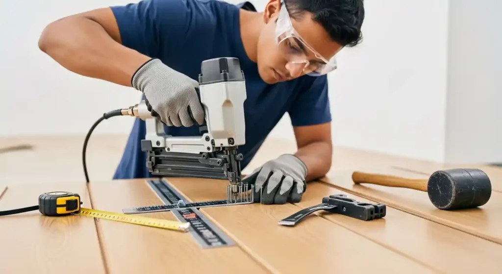 Person installing hardwood floor using a nail gun safely with safety gear