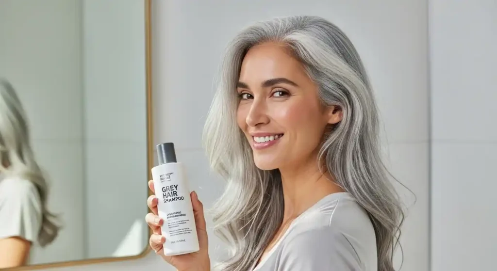 Older woman with silver-gray hair holding a best shampoo for gray hair bottle