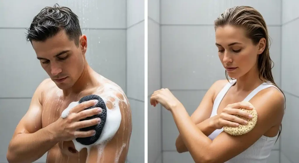 Man using exfoliating sponge and woman using soft sponge for sensitive skin