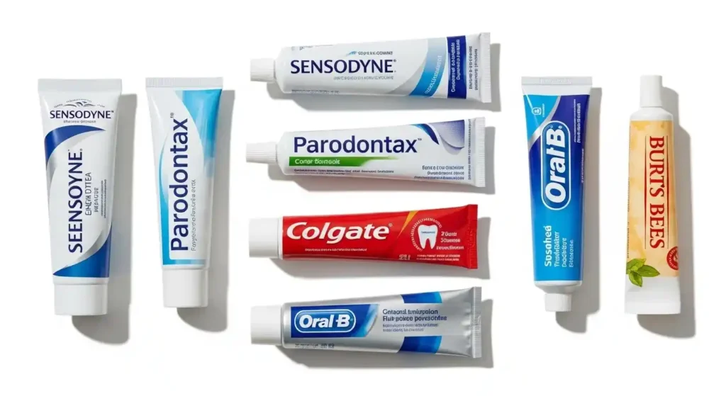Collection of toothpastes recommended for receding gums on a clean background