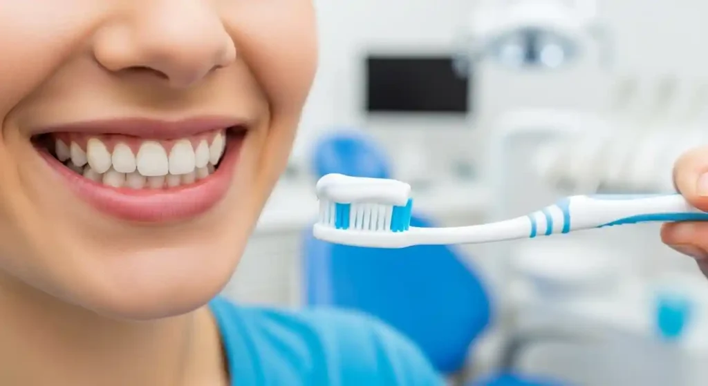 Best Toothpastes for Receding Gums - Smiling person showing healthy gums while holding a toothbrush with toothpaste