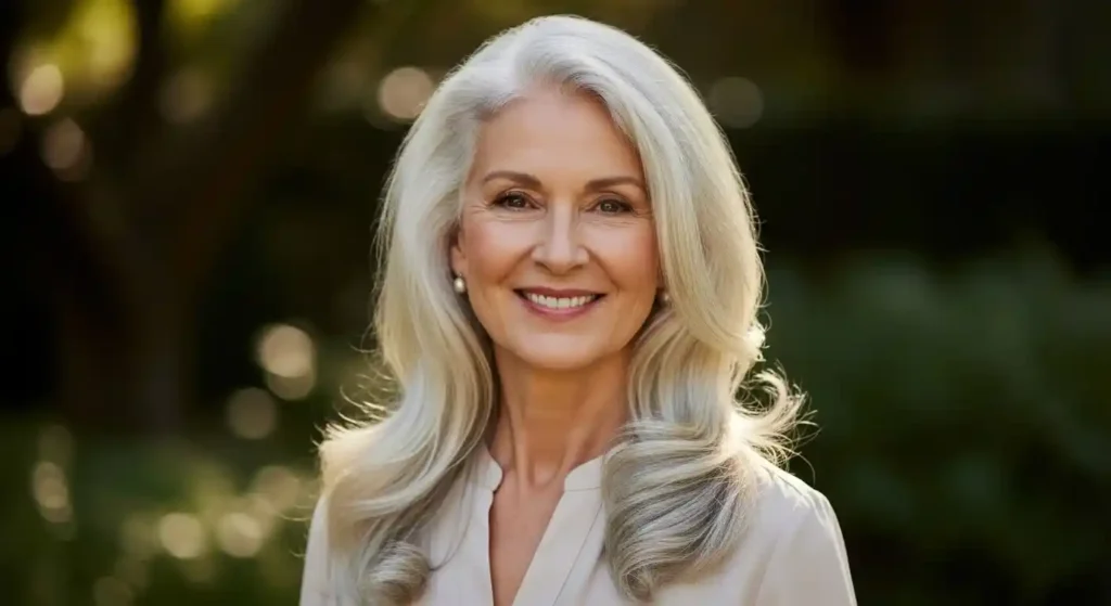 Mature woman with healthy, shiny gray hair smiling confidently in natural light