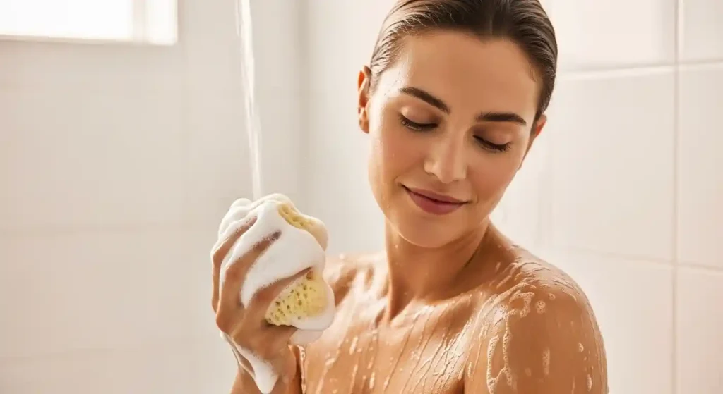 Person lathering body wash using a soft bath sponge