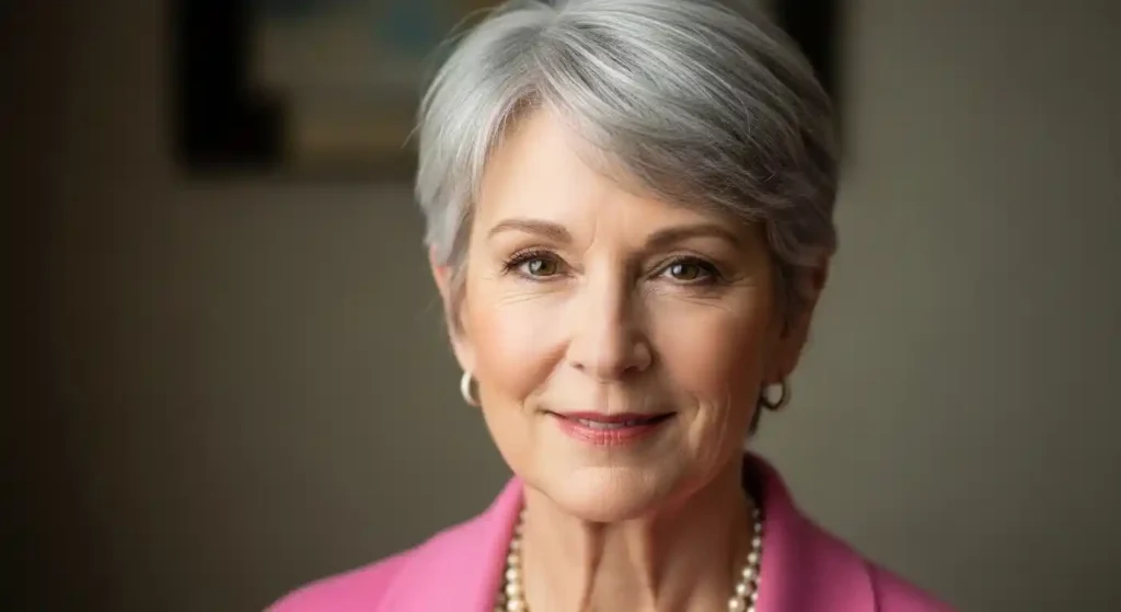 Women 57 short gray hair piggy nose hazle eyes smiling confidently