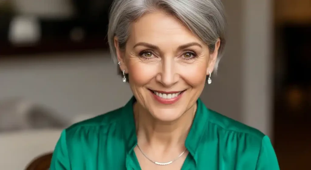 Mature woman with gray hair and hazel eyes wearing emerald blouse and silver jewelry