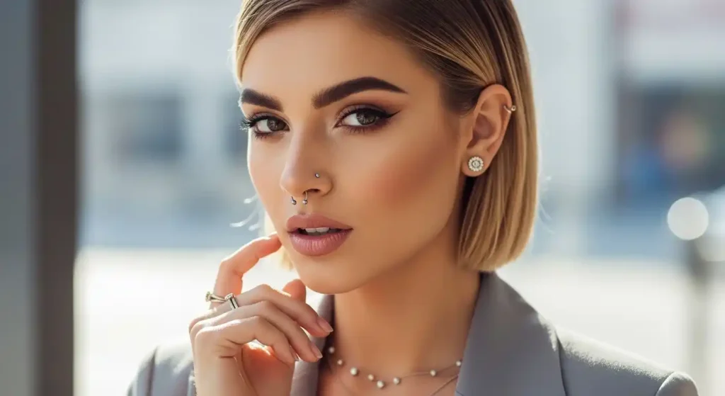 Woman with high nostril on short nose  piercing pain scale 1-10