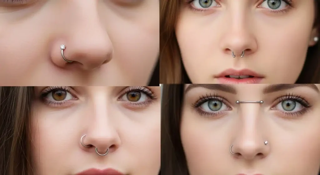 Different types and sizes of nose piercings collage 
