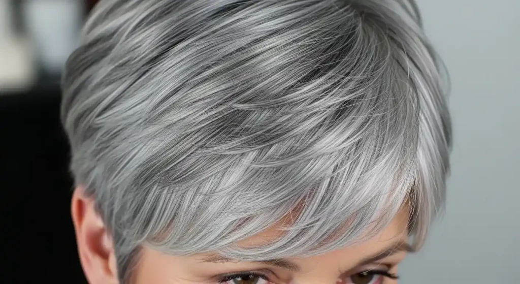 Women 57 with Stylish short gray hair on a mature woman with volume and shine