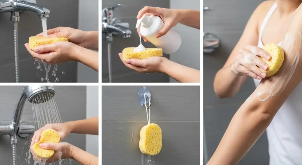 Step-by-step image showing how to use body wash with sponge