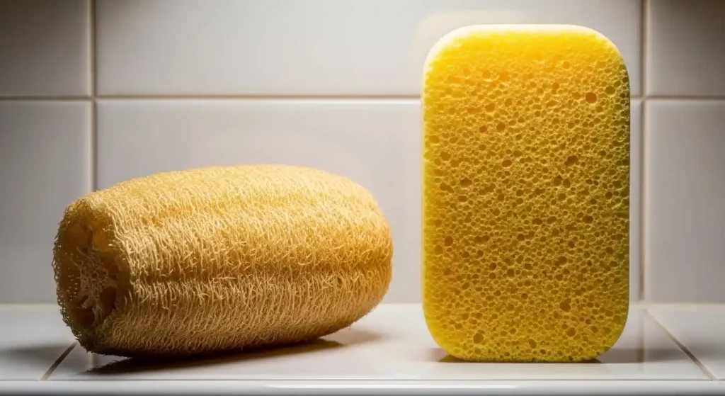 Old sponge beside a new clean body sponge