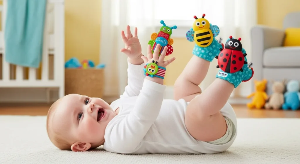 Infant developing motor skills with Lamaze Gardenbug Foot Finder and Wrist Rattle Set 