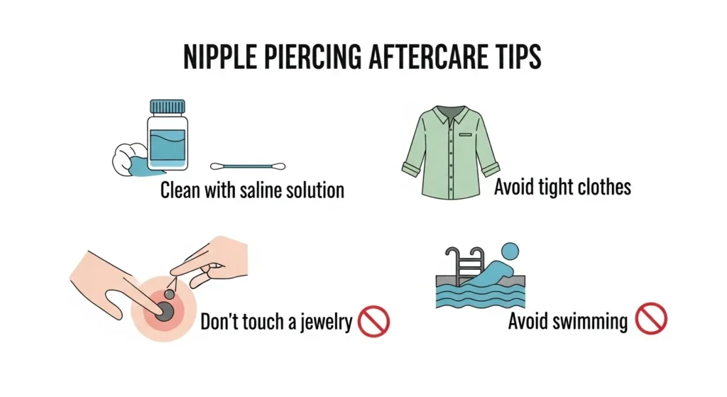 Infographic showing nipple piercing aftercare steps.