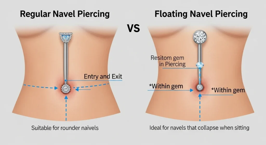 Comparison of floating belly button piercing and traditional belly button piercing placement
