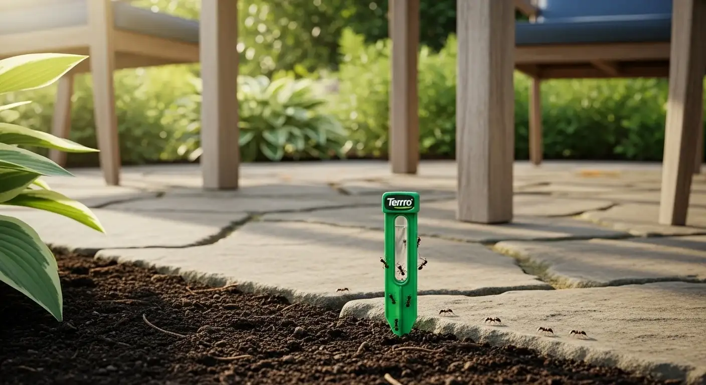 Terro T1812SR Outdoor Liquid Ant Bait Stake placed in garden soil to attract ants