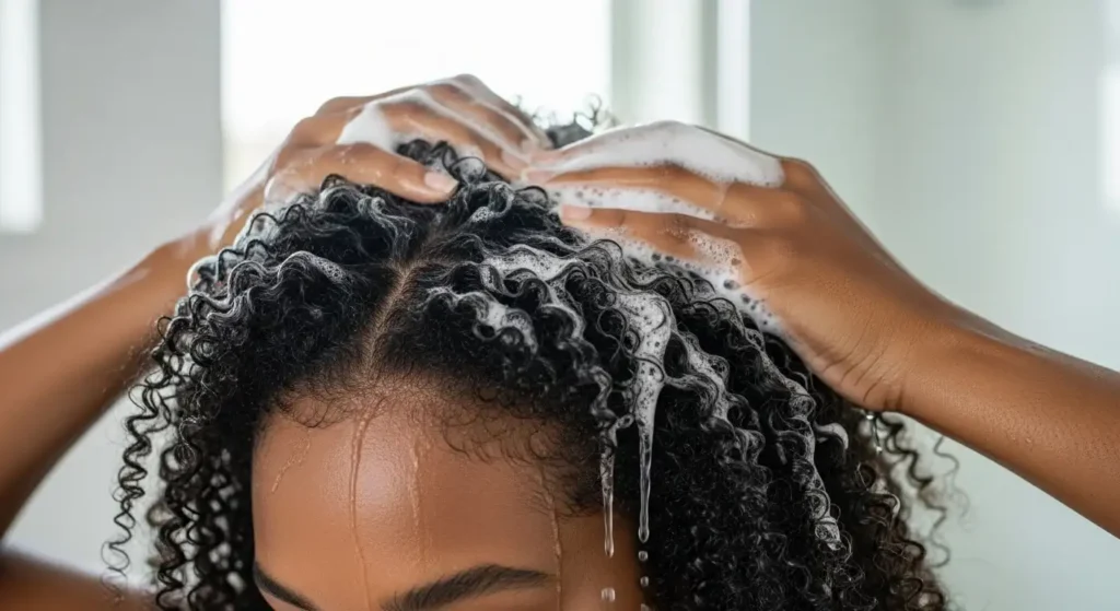 Woman using Affirm MoisturRight shampoo on natural curly hair
