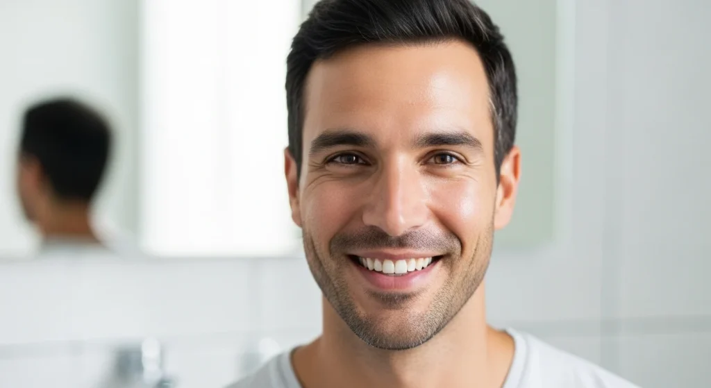 Happy man with clean skin after using menz face wash