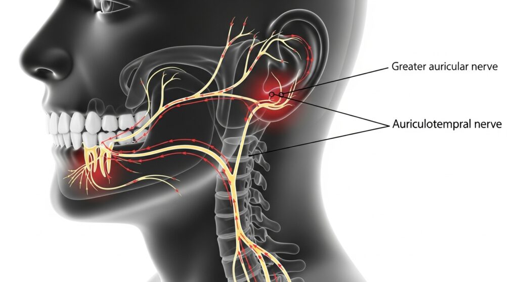 Illustration showing how dental nerves connect to the ear causing referred pain