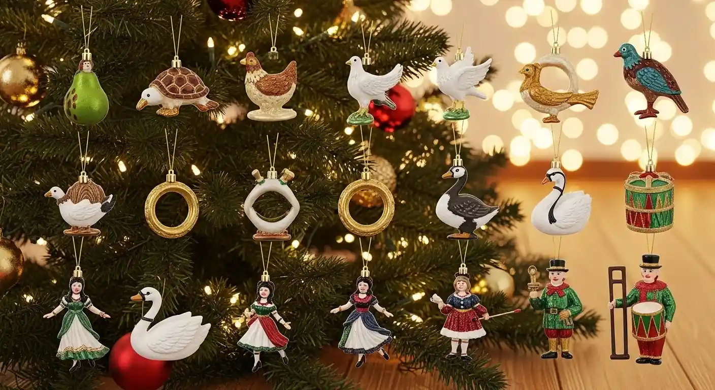 Christmas tree decorated with the complete 12 Days of Christmas ornaments set in a warm festive setting